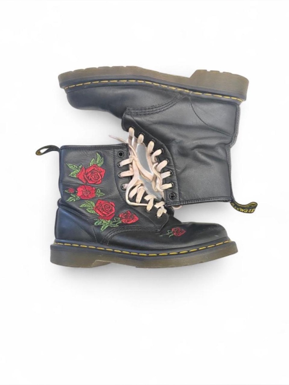 Dr. Martens Women’s  Black Leather Boots with Red Rose Embroidery